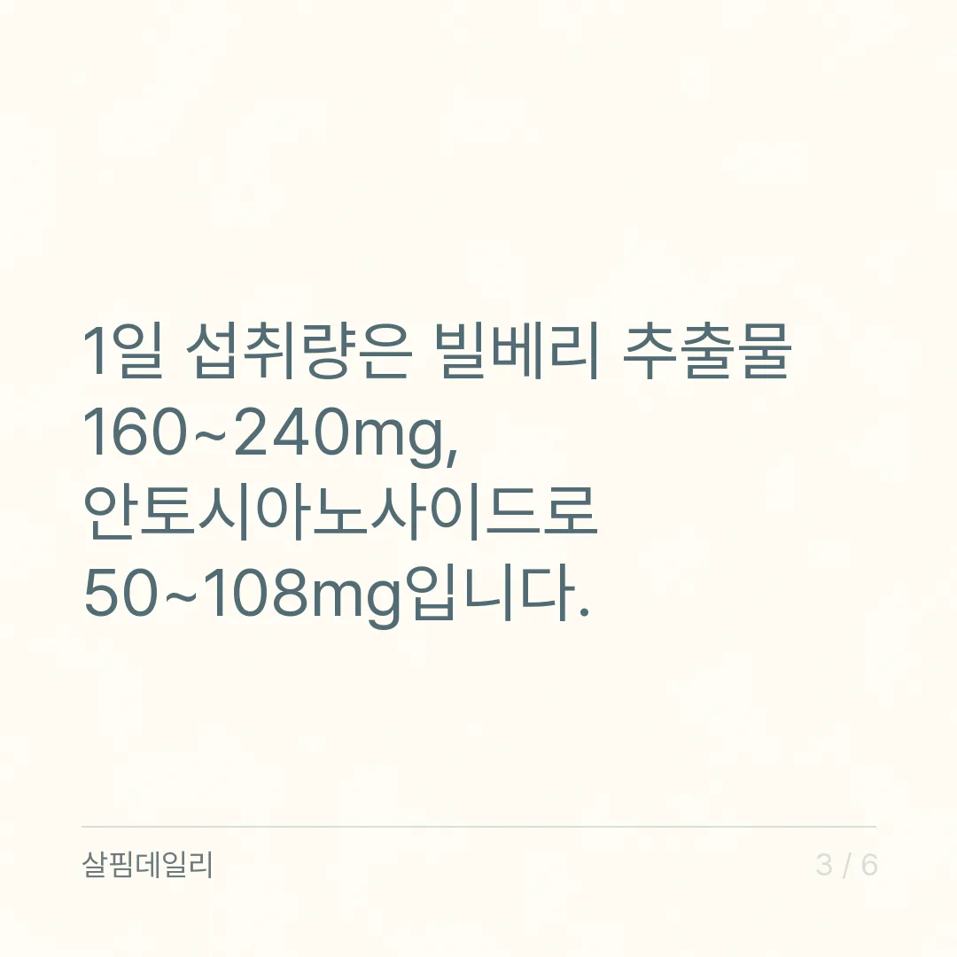 빌베리 하루 섭취량, 추출물 160~240mg과 루테인과 다른 인정 문구 카드 3