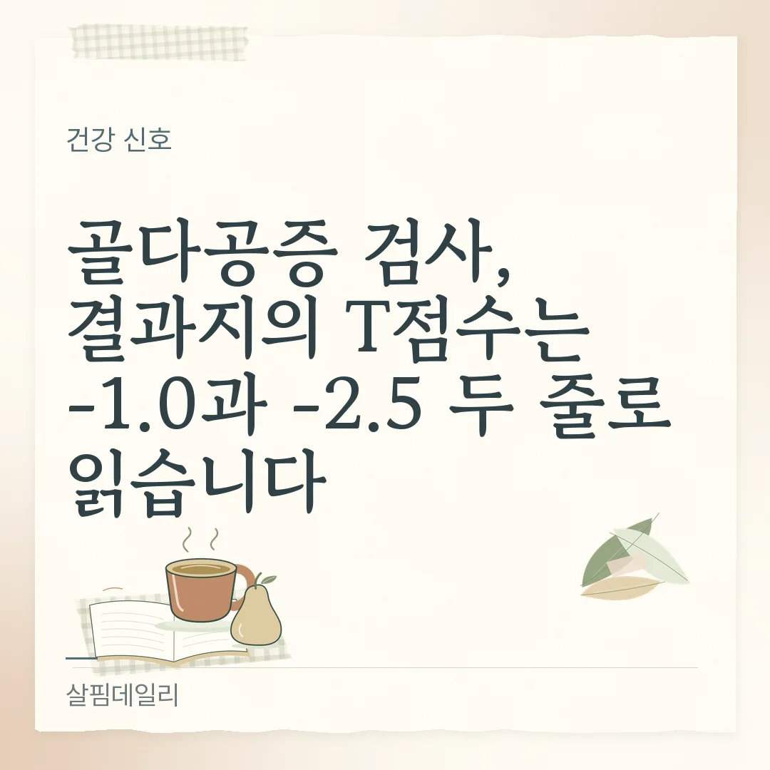 골다공증 검사, 결과지의 T점수는 -1.0과 -2.5 두 줄로 읽습니다 카드 1
