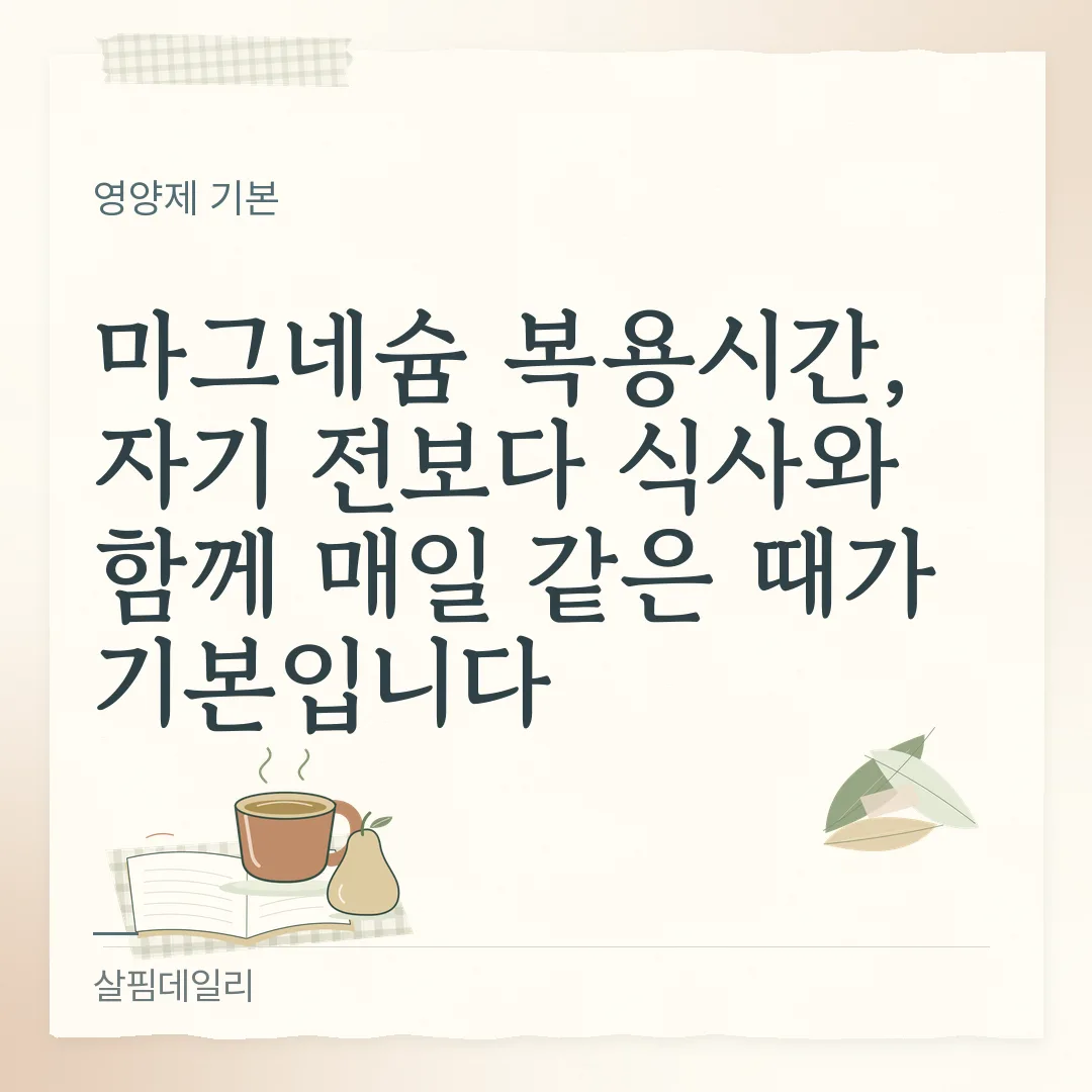 마그네슘 복용시간, 자기 전보다 식사와 함께 매일 같은 때가 기본입니다 카드 1