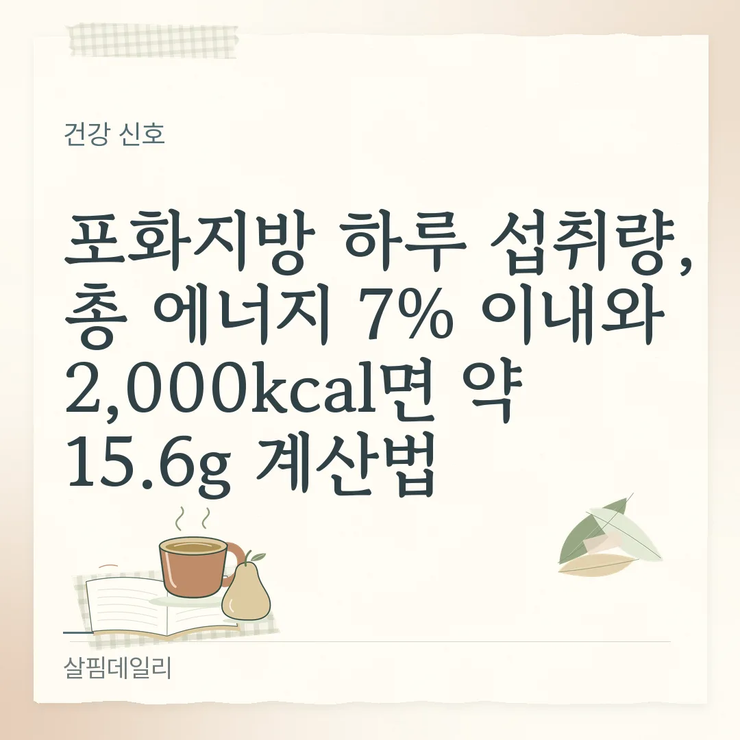 포화지방 하루 섭취량, 총 에너지 7% 이내와 2,000kcal면 약 15.6g 계산법 카드 1