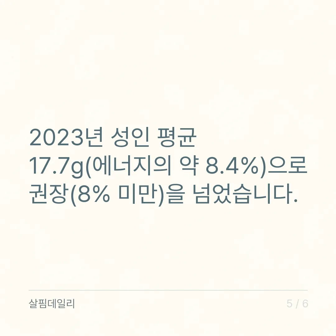 포화지방 하루 섭취량, 총 에너지 7% 이내와 2,000kcal면 약 15.6g 계산법 카드 5